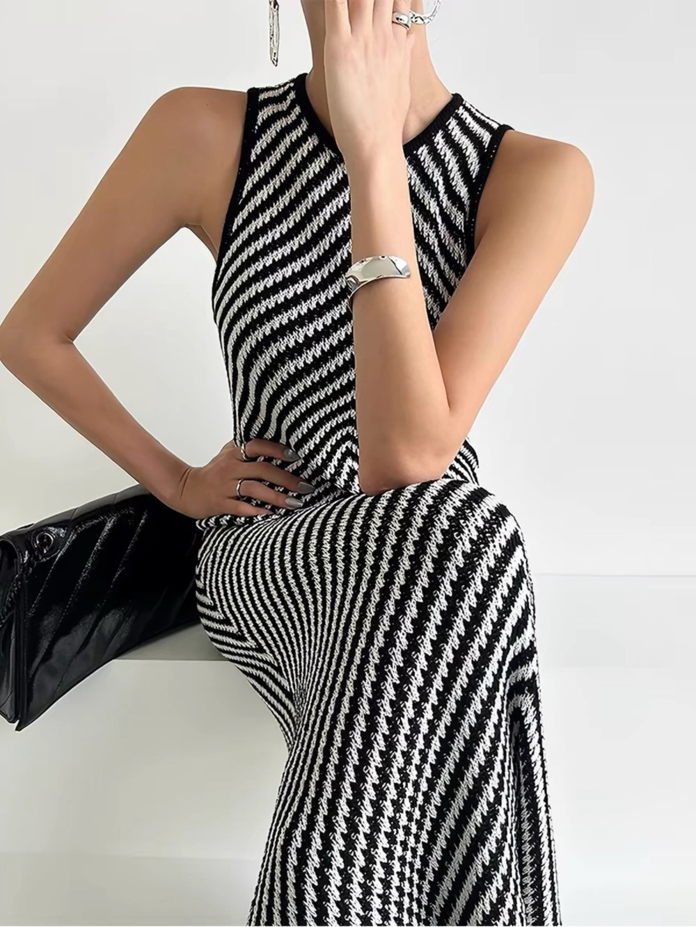 Black & White Knit Maxi Dress - Sleek Sleeveless Design